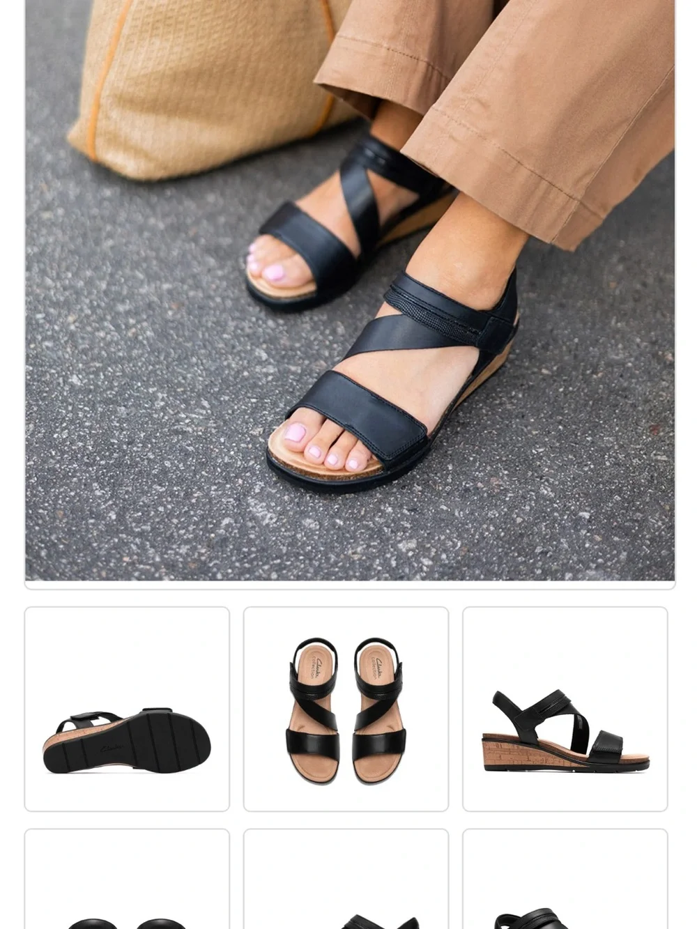 Clarks Women’s Kacha Wave Twist Wedge Round Toe Sandals Black Leather size 8